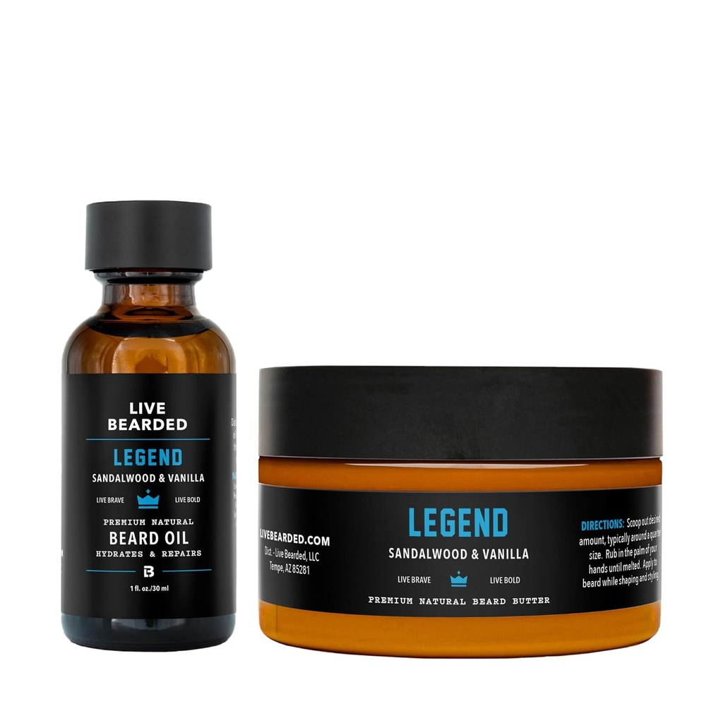 Live Bearded Beard Oil and Butter Grooming Kit - Made in the USA - All-Natural Ingredients with Shea, Argan, Jojoba - Growth Support | Legend Scent - Sandalwood, Vanilla