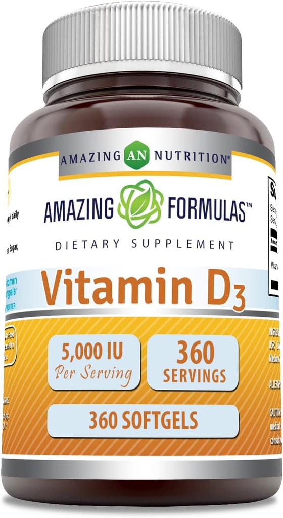 Amazing Formulas Vitamin D3 (Cloncalciferol) Tamam | 5000 I per Service | 360 Softgels | Non-GMO | Gluten-Free | Made in USA