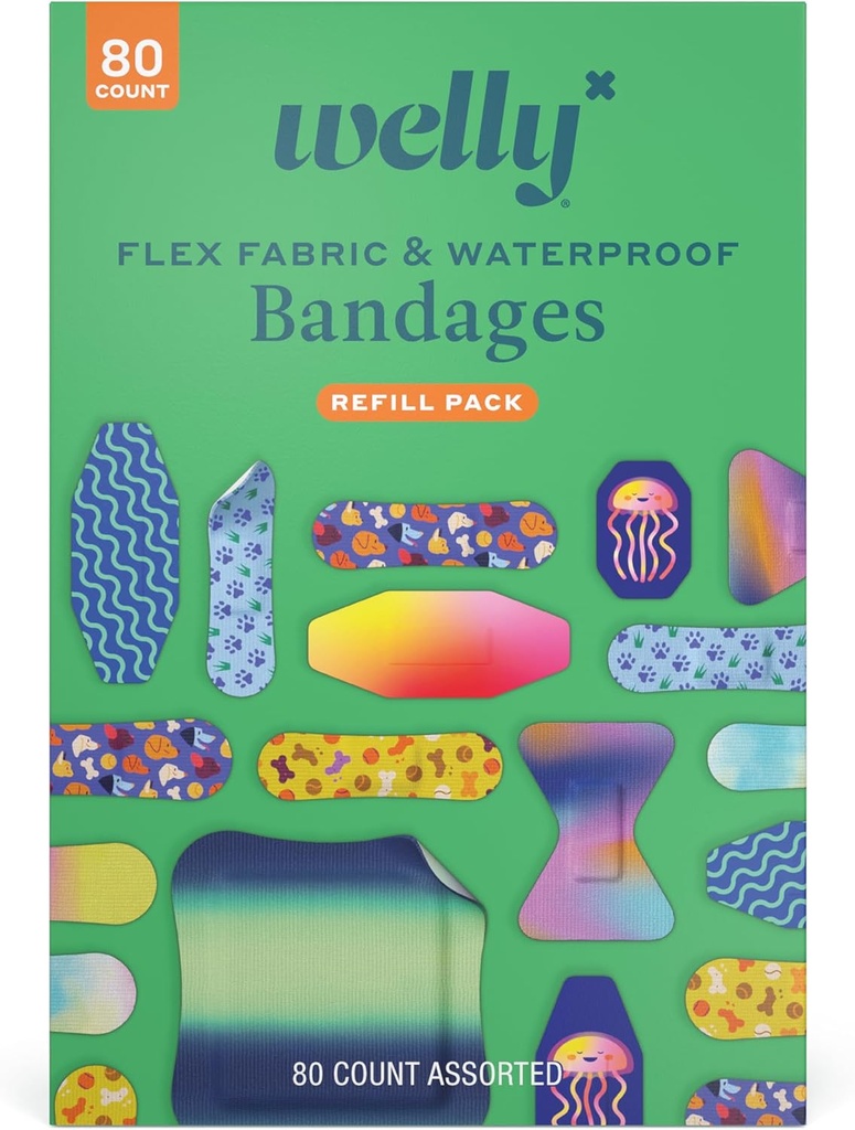 Welly Bandage Family Pack | Yapıştırıcı Flex Fabric & Water Bandages | Assorted Shapes and Patterns for Minor Cuts, Yaralar ve Yaralar - 80