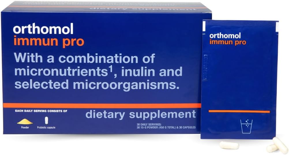 Orthomol Immun Pro, Immune Support, Probiyotik Gut Health Supplement, Inulin Prebiyotik Fiber, 30 Günlük Supply, A, B, C, D, E, çinko, Iodine, Kadın ve Erkekler için Probiyotikler, Daily Toz & Capsule