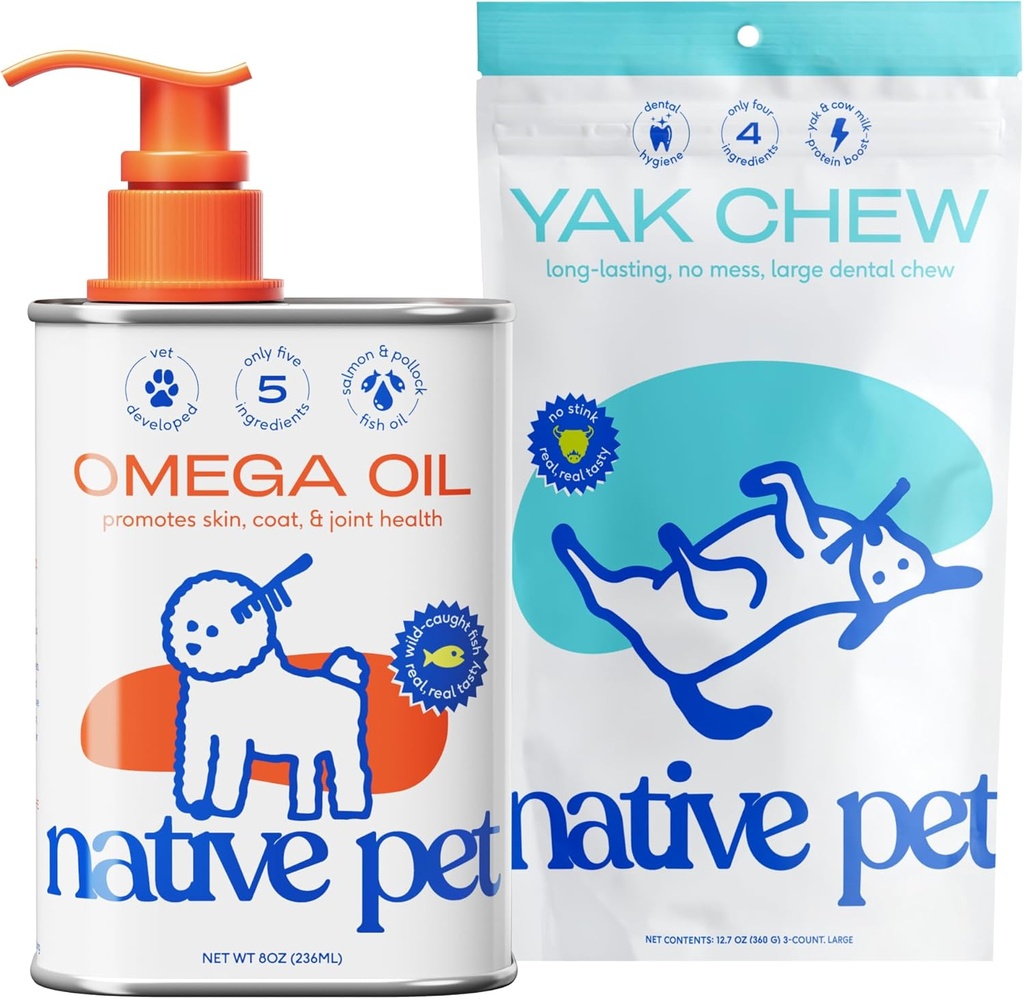 Köpekler için Yerli Pet Omega Petrol - Köpek Balık Yağı Tamamlar ve Yak Chews for Köpekler | Pasture-Raized and Organic Cheese Yak Himalaya Churpi Chews | 8 Oz. & 3 Büyük Yak Chews