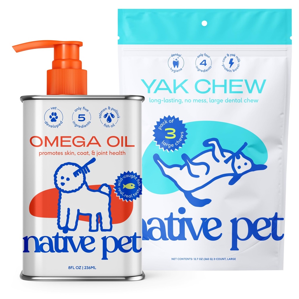 Köpekler için Yerli Pet Omega Petrol - Köpek Balık Yağı Tamamlar ve Yak Chews for Köpekler | Pasture-Raized and Organic Cheese Yak Himalaya Churpi Chews | 8 Oz. & 3 Büyük Yak Chews