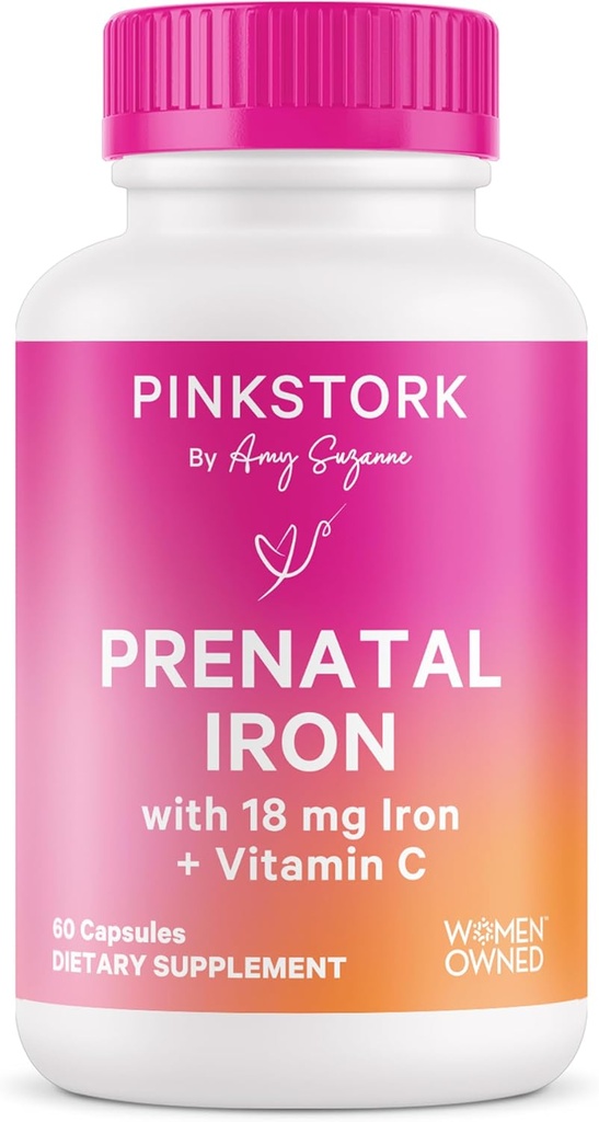 Pink Stork Prenatal Demir Supplement for Women - 18 mg Non-Constipating Iron & Vitamin C for Gebelik, Postpartum, & Emfeeding - Focus, Fatigue, & Blood Cell Production - 2 Ay Supply Supply Supply