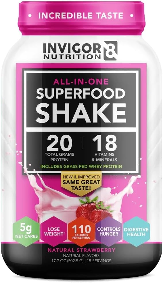 INVIGOR8 Superfood Grass Fed Whey Protein Isolate Shake Φυσικό χωρίς γλουτένη φράουλα και μη ΓΤΟ Αντικατάσταση γεύματος με προβιοτικά και Ωμέγα 3 (645g)