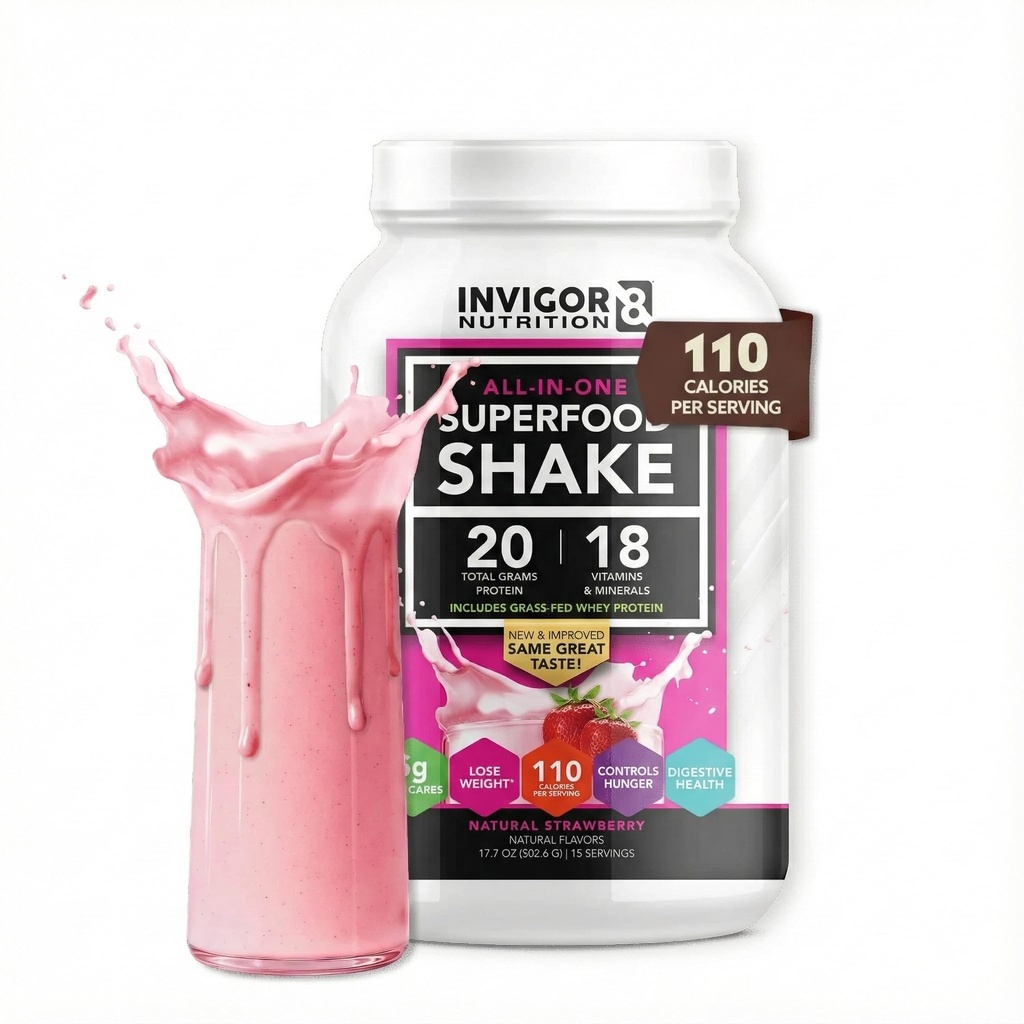 INVIGOR8 Superfood Grass Fed Whey Protein Isolate Shake Natural Strawberry Gluten-Free and Non GMO Meal Replacement with Probiotics and Omega 3 (645g)