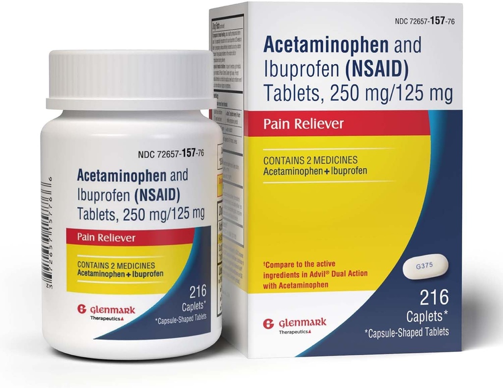 Çift Eylem Acetaminophen 250 mg ve Ibuprofen 125 mg Caplets, Up to 8h of Pain Relief for Minor Aches and Pain, Headaches, Toothache, Backache, Menstrual Cramps, Minor Arthritis Pain, 216