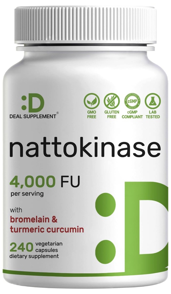 Nattokinase Supplement 4,000 FU Per Service, 240 Veggie Capsules – Japon Natto with Bromelain, Turmeric Curcumin & Black Pepper Complex – Digestive Enzymes & Heart Health – Non-GMO, Vegan