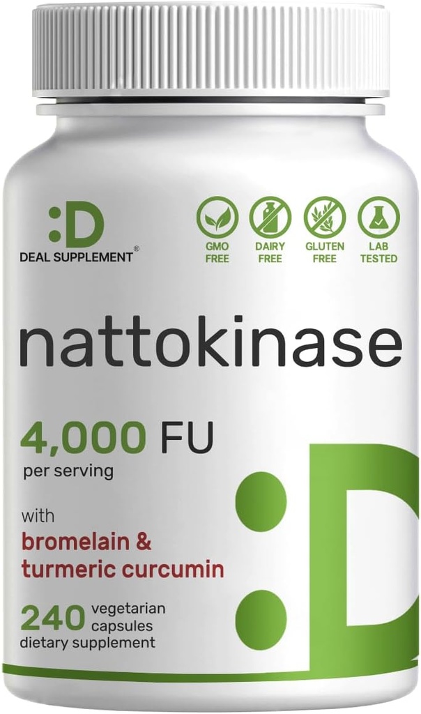 Nattokinase Supplement 4,000 FU Per Serving, 240 Veggie Capsules – Japanese Natto with Bromelain, Turmeric Curcumin & Black Pepper Complex – Digestive Enzymes & Heart Health – Non-GMO, Vegan