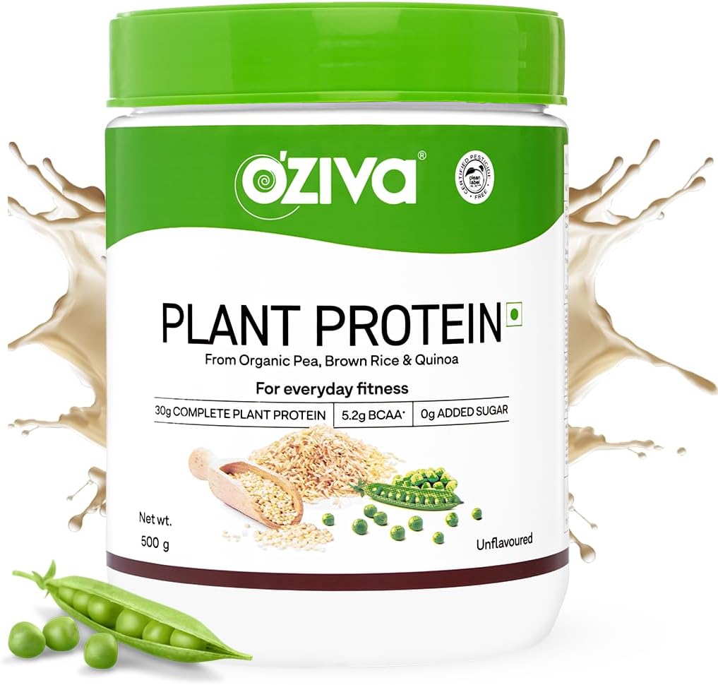 OZiva Organic Plant Protein Powder | 500 Gm | (30g Vegan Protein - Pea Protein a, Brown Rice Protein & Quinoa, Soy Free) for Everyday Fitness, Boosts Immunity, Unflavored (1.1 lb)