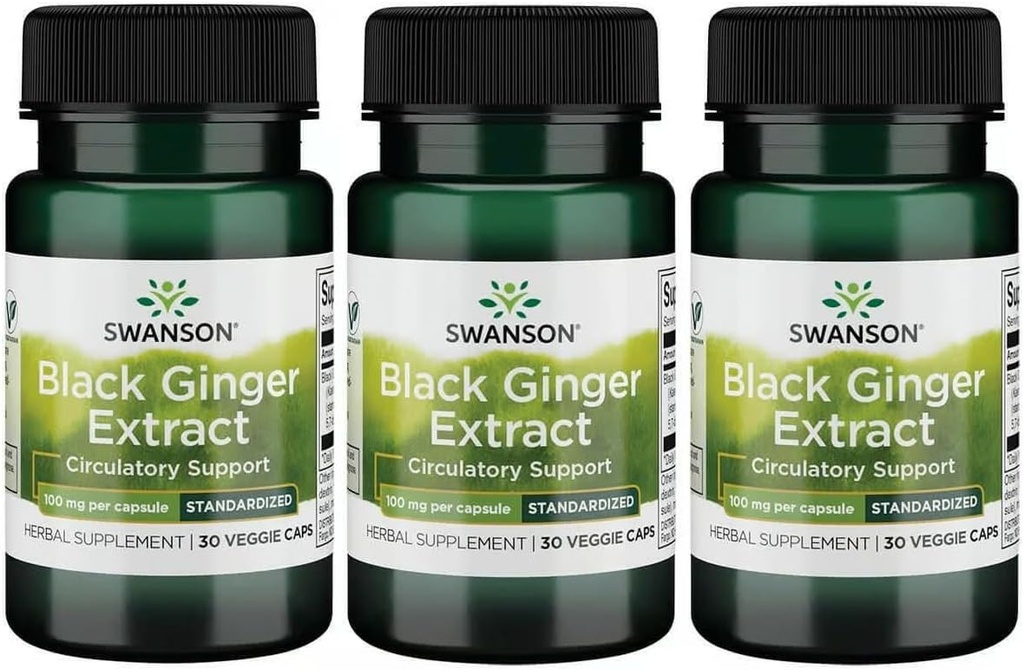 Swanson Black Ginger Extract - Προάγει την υγιή κυκλοφορία του αίματος και το σωματικό βάρος - Μπορεί να βοηθήσει την υγεία της καρδιάς, μυς ιστός, και ψυχική ευεξία - (30 κάψουλες λαχανικά, 100mg το καθένα) (3 Pack)
