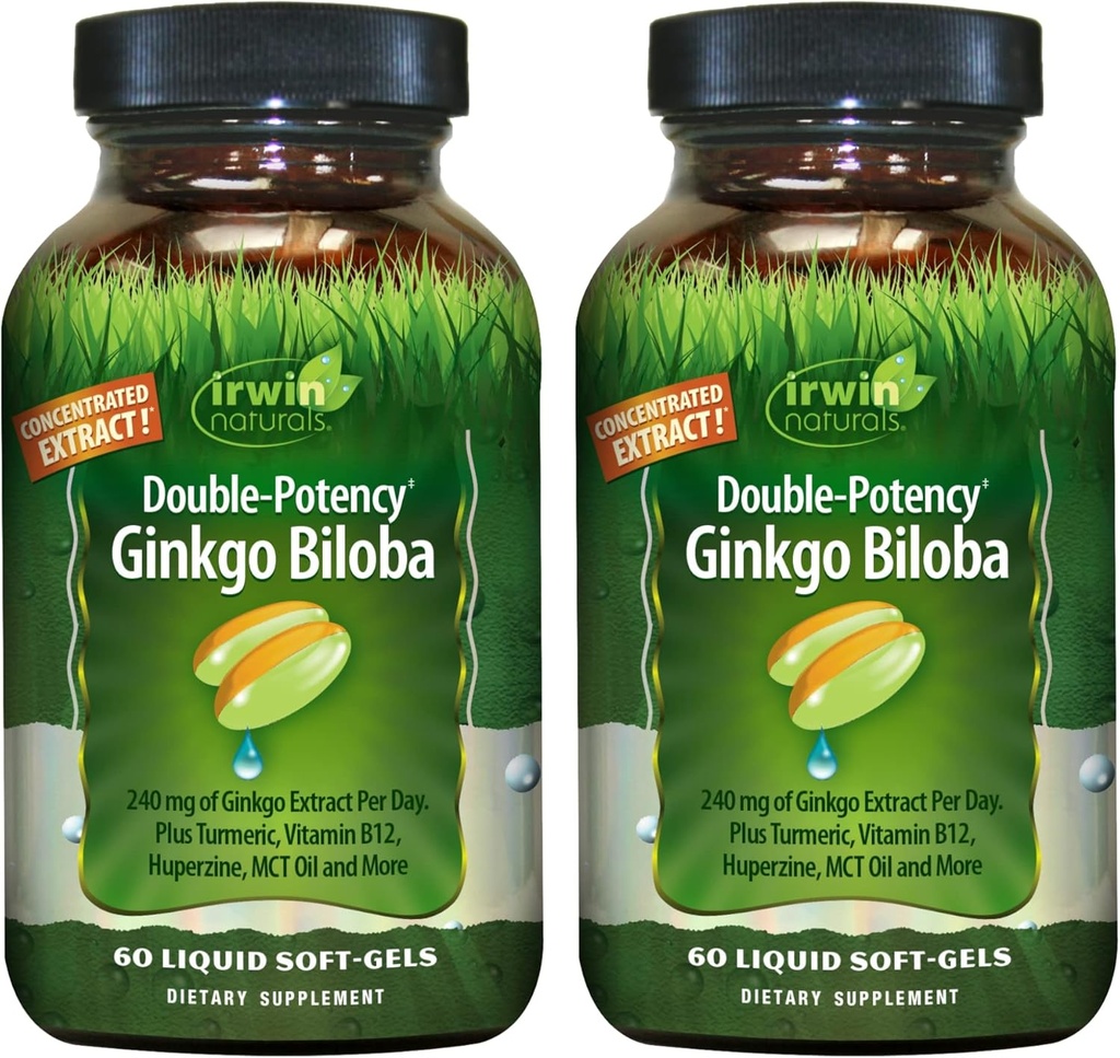 Irwin Naturals Double-Potency Ginkgo Biloba – 60 Liquid Soft-Gels – Beyin, Focus & Circulation Support - 2 Pack