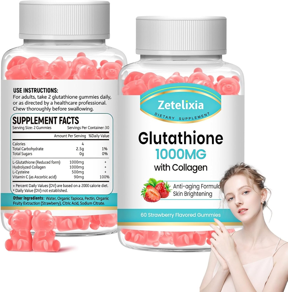 2 τεμ. Γλουταθιόνη Κολλαγόνο Gummies, Κολλαγόνο Gummies με βιταμίνη C, Γλουταθιόνη συμπλήρωμα για τις γυναίκες, Καρφάκια δέρματος μαλλιών μυών & αρθρώσεων, κατά της γήρανσης, Vegan, Χωρίς ζάχαρη, Flavor Φράουλα, 120 κόμης