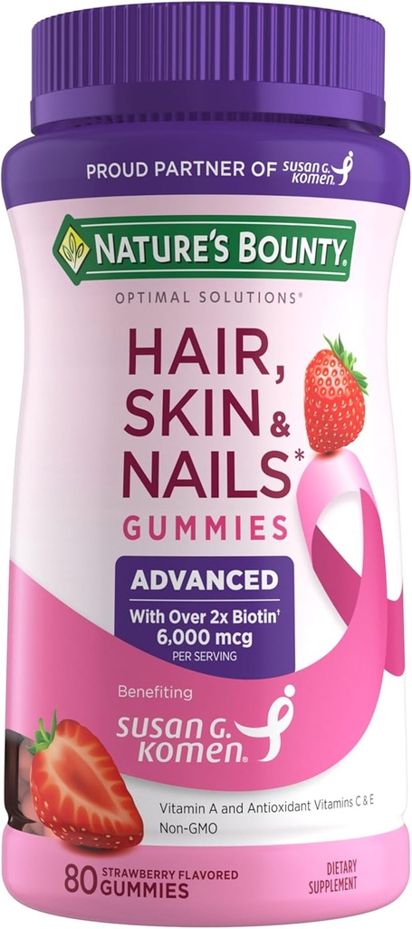 Nature's Bounty Optimal Solutions Advanced Hair, Skin, Nails, 2X Biotin, 80 Strawberry Gummies, 40 Total Services