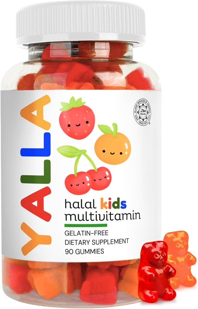 YALLA Halal Vitaminleri Çocuklar için, Halal Çocuklar Multivitamin Gummies, 45-90 Day Supply, Essential Vitaminler C, D3, Immunity için B6 B12, ISA sertifikalı, Gelatin Free