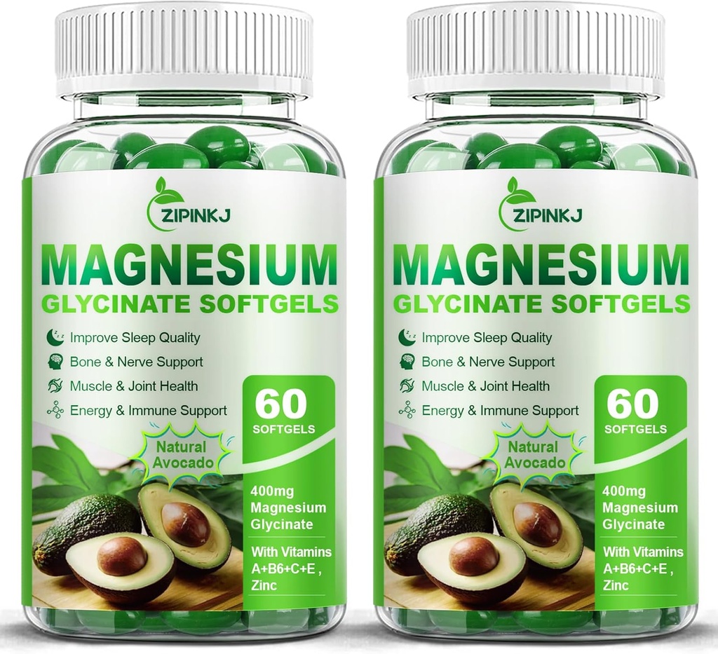 Υψηλή απορρόφηση Μαγνήσιο Γλυκινικό Softgels, Συμπληρώματα μαγνησίου 400mg με ψευδάργυρο, βιταμίνη Ε, B6 για γυναίκες άνδρες, βελτίωση του ύπνου, μυϊκή χαλάρωση & υγεία των οστών, χωρίς γλουτένη, μη ΓΤΟ, 2 συσκευασίες