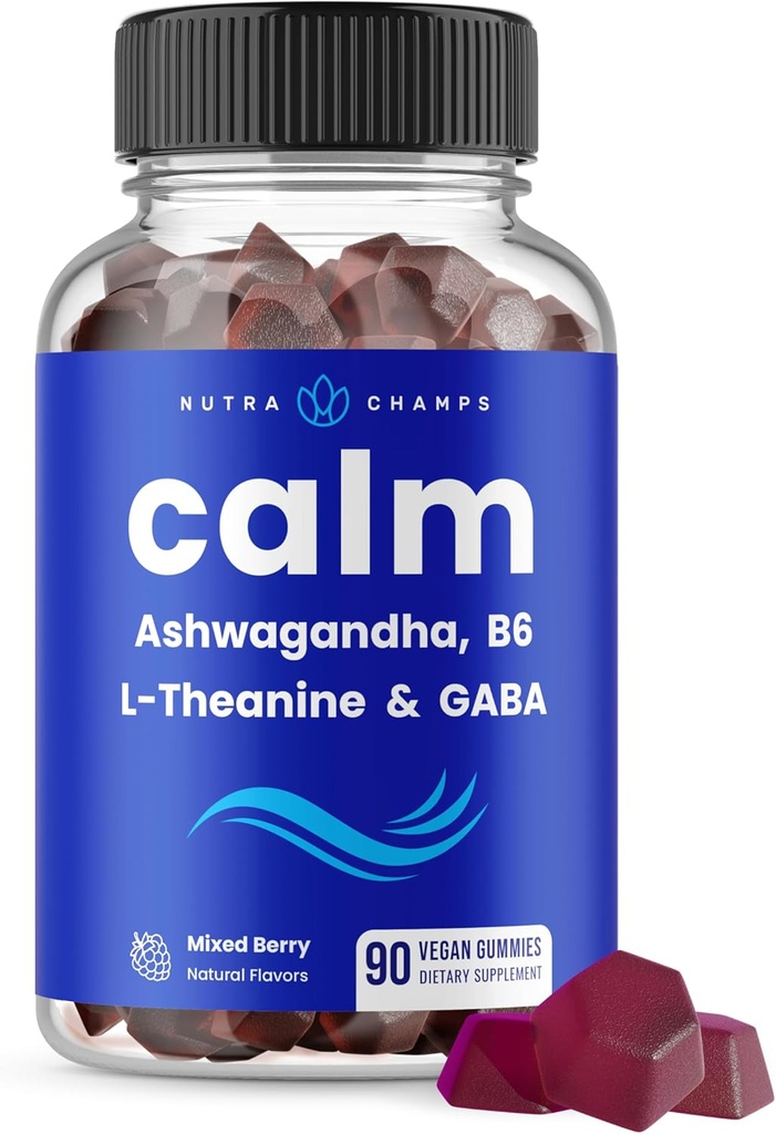 NutraChamps Calm Gummies, το άγχος Gummies συμπλήρωμα με Ashwagandha, L-Θεανίνη, GABA, βιταμίνη B6 & λεμονιού, υποστηρίζει Mood, Focus & Stress Relief, φυσικό μούρο, 90 Gummies