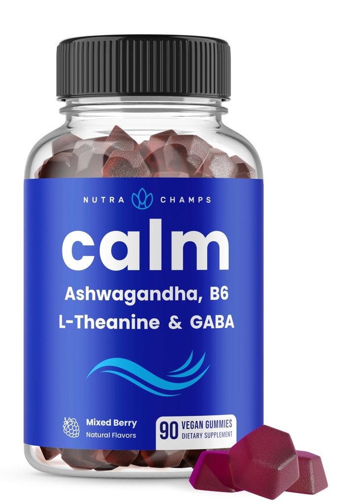 NutraChamps Calm Gummies, Stres Gummies Supplement with Ashwagandha, L-Theanine, GABA, Vitamin B6 & Lemon Balm, Supports Mood, Focus & Stress Relief, Natural Berry, 90 Gummies