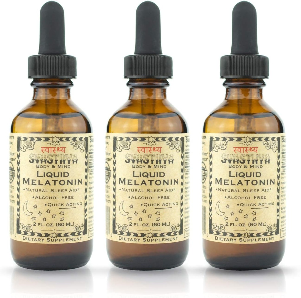 Svasthya Body & Mind Liquid Melatonin - Προάγει τον φυσικό ύπνο - Αλκοόλ Δωρεάν για ενήλικες και παιδιά, Κατασκευασμένο στις ΗΠΑ, GMP, 2 oz - 3 Pack