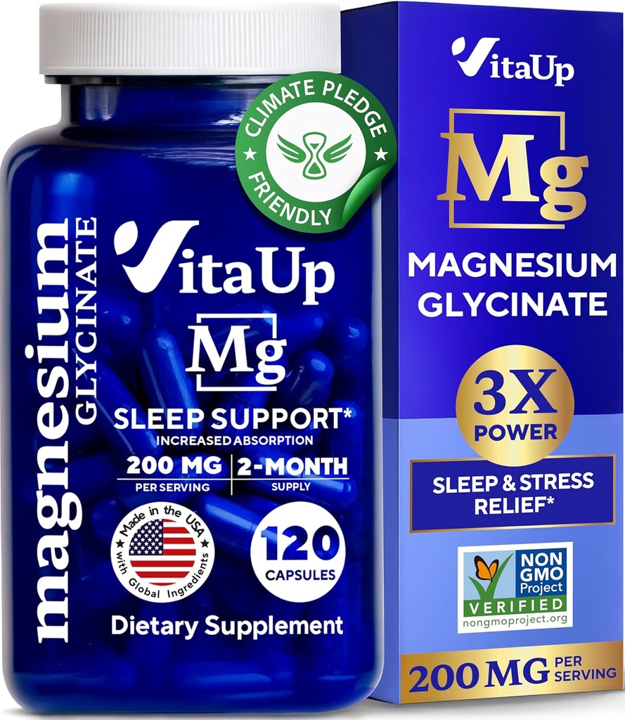 Magnesium Glycinate 200mg - USA Made Magnesium Supplement for Sleep, Heart, Bones, Metabolism Support - High Absorption Magnesium Bisglycinate Capsules - 120 Vegan Chelated Capsules