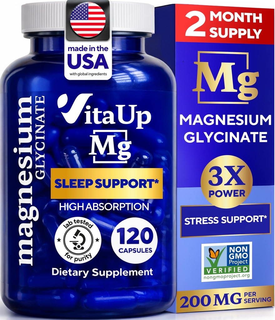VitaUp Magnesium Glycinate 200mg - USA Made, Highly Absorbed, Non-GMO Magnesium for Relaxation, Deep Sleep, Bones & Heart - 200mg per Serving, 120 Vegan Capsules