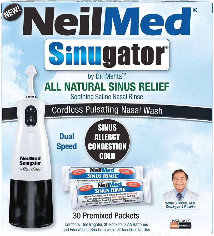 NeilMed Sinugator Cordless Pulsating Nasal Irrigator (Dual Speed) 30 Premixed Packets ve 3 AA Pilleri - Black (Pack of 1)