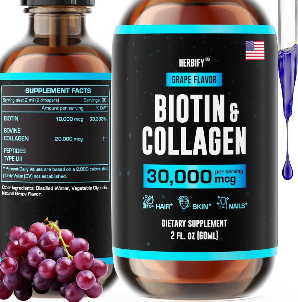 HERBIFY Collagen and Biotin Liquid Drops - Γρηγορότερη απορρόφηση συμπλήρωμα για την ανάπτυξη των μαλλιών και ισχυρότερα νύχια - δέρμα μαλλιών και νύχια Βιταμίνες για γυναίκες και άνδρες - B7 συμπλήρωμα - Κατασκευασμένο στις ΗΠΑ