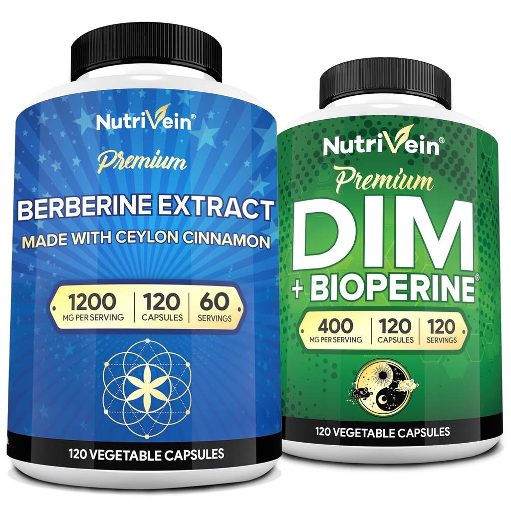 Nutrivein Premium DIM & Berberine Supplement Sche: High-Abxia Berberine & DIM Supplement with Bioperine - for Hormonal Balance, Digestive Regularity, Metabolism, & Wellness General Wellness