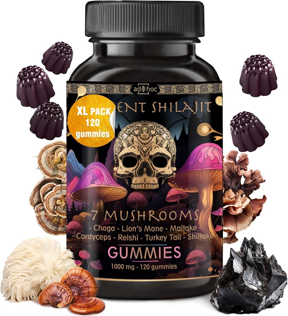 ad hoc Shilajit Καθαρό Ιμαλαΐων Βιολογικές Gummies - Ανοσολογική υποστήριξη, Συμπληρώματα Υποστήριξης Ενέργειας - Shilajit Resin Lions Mane, Cordyceps, Reishi, Turkey Tail, Chaga, Shiitake Mushroom Gummies (120 Ct)