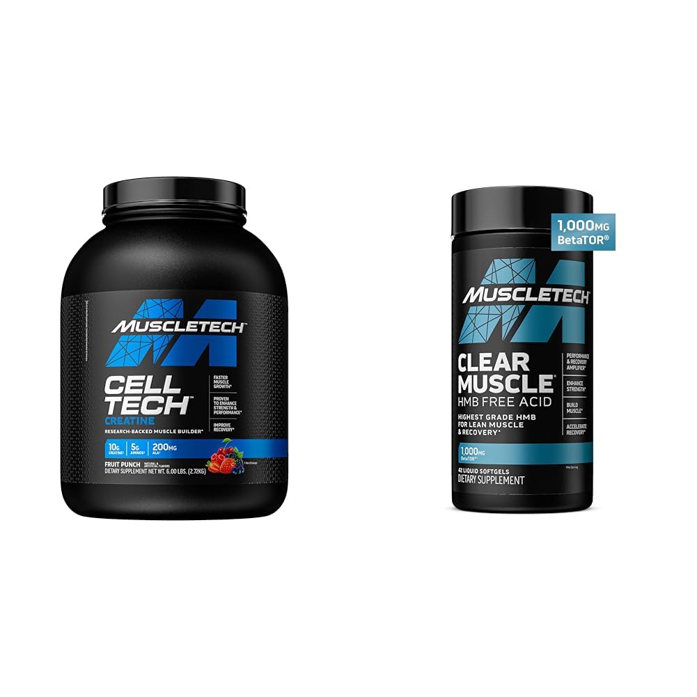 MuscleTech Cell-Tech Creatine Powder & Clear Muscle HMB Συμπληρώματα, Muscle Builder & Recovery Drink for Men & Women, 6 Lbs Powder & 42 Softgels