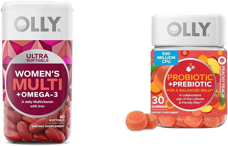OLLY Ultra Women's Multi Softgels & Probiyotik + Prebiyotik Gummy, Digestive Support and Gut Health, 500 Milyon CFUs, Fiber, Yetişkin Chewable Supplement for Men and Women, Peach, 30 Day Supply - 30 Count