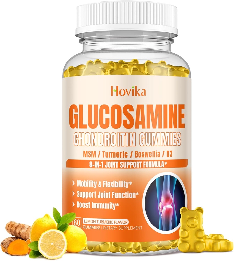 Γλυκοζαμίνη Χονδροϊτίνη MSM Gummies 1500mg - Κοινό συμπλήρωμα υποστήριξης με Turmeric, Boswellia, Βιταμίνη D3, Υαλουρονικό οξύ, Αντιοξειδωτικό, Ανοσοποιητική υποστήριξη για ενήλικες, άνδρες και γυναίκες Vegan, 60 Gummies