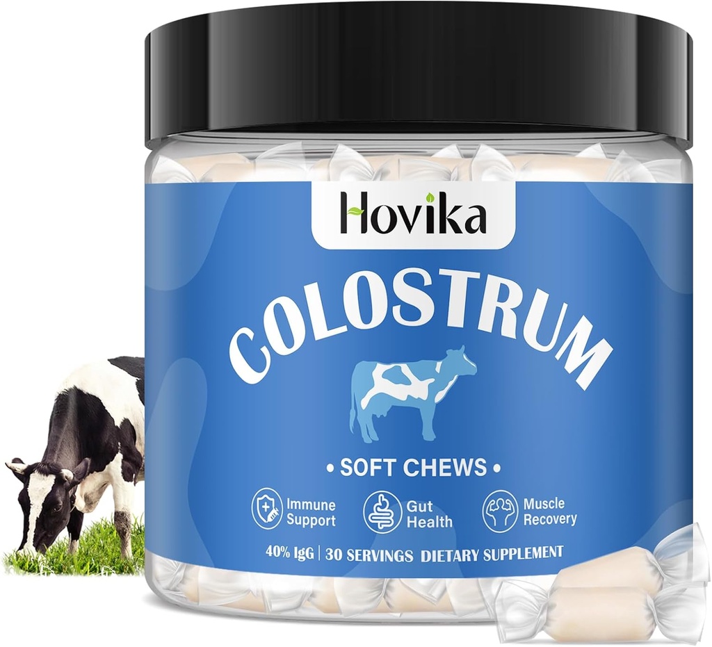 Pure Bovine Colostrum Supplement, 40% IgG Bovine Colostrum for Humans-3000mg Colostrum Soft Chews for Gut Health, Immune Support, Muscle Recovery-Grass Fed, 30 Services