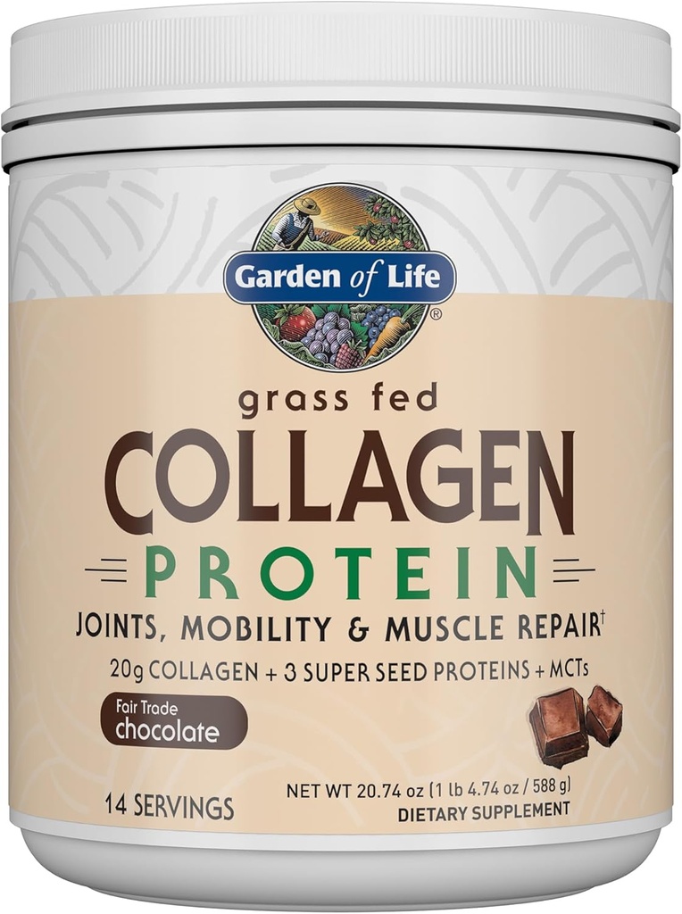 Garden of Life Grass Fed Collagen Protein Powder - Σοκολάτα, 14 σέρβις, σκόνη για αρθρώσεις Κινητικότητα Επισκευή μυών, Collagen Peptides + Super Seeds + Coconut MCTs, Keto Συμπλήρωμα