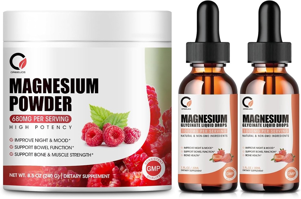 Magnezyum Glycinate Drops & 680 mg Magnezyum Glycinate Kompleks Toz Erkekler ve Kadınlar için, Destek Enerji, Gece, Kas & Ortak Fonksiyonl, Non-GMO, Vegan
