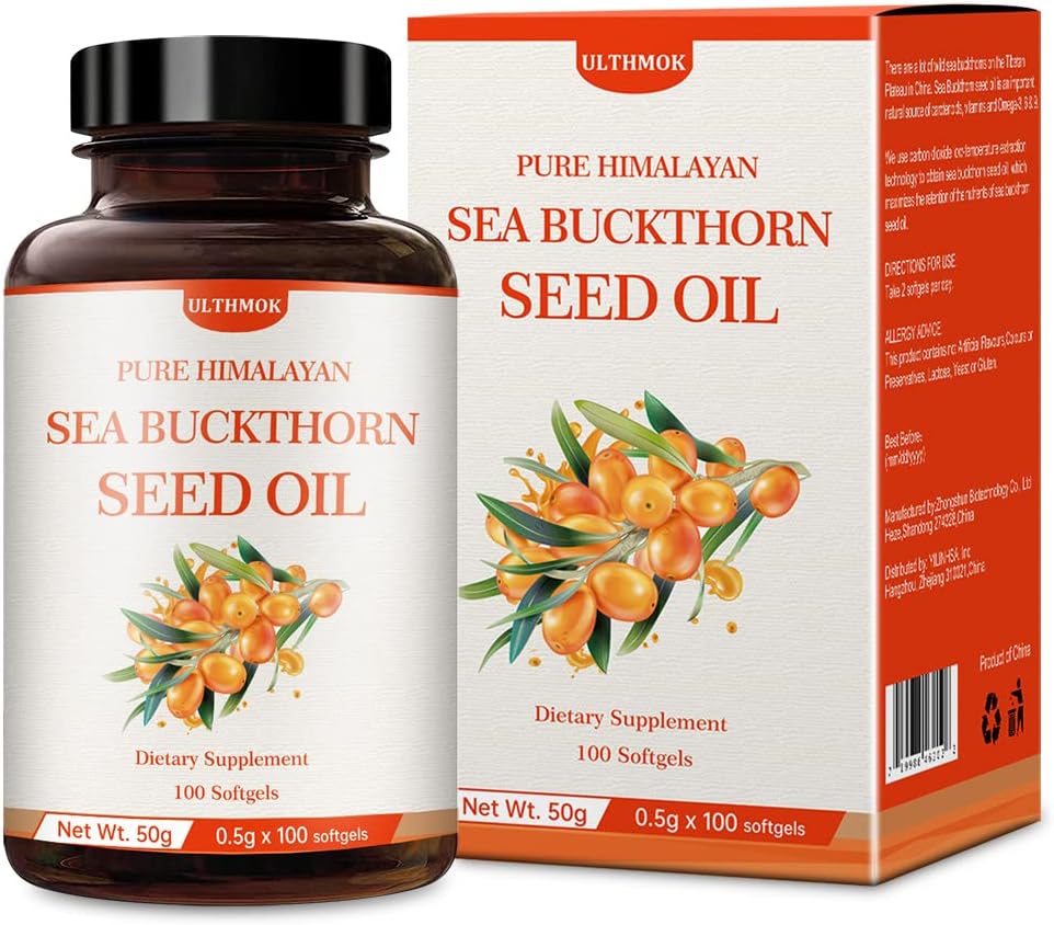 ULTHMOK Premium Sea Buckthorn Tohum Petrol,% 100 Tohum Petrol,100 Softgels & 100×500 mg,Non-GMO,Gluten Free.