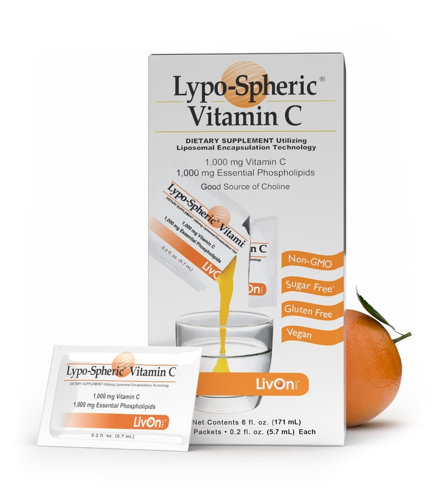 LivOn Laboratories Lypo–Spheric Liposomal Vitamin C 1000mg - Χωρίς Ζάχαρη, Ανοσολογική Υποστήριξη, με βάση το φυτό - Εύκολο στην κατάποση, Απορροφήσιμο - μη-GMO, Χωρίς γλουτένη (0,2 fl oz Ατομικά 30 πακέτα)
