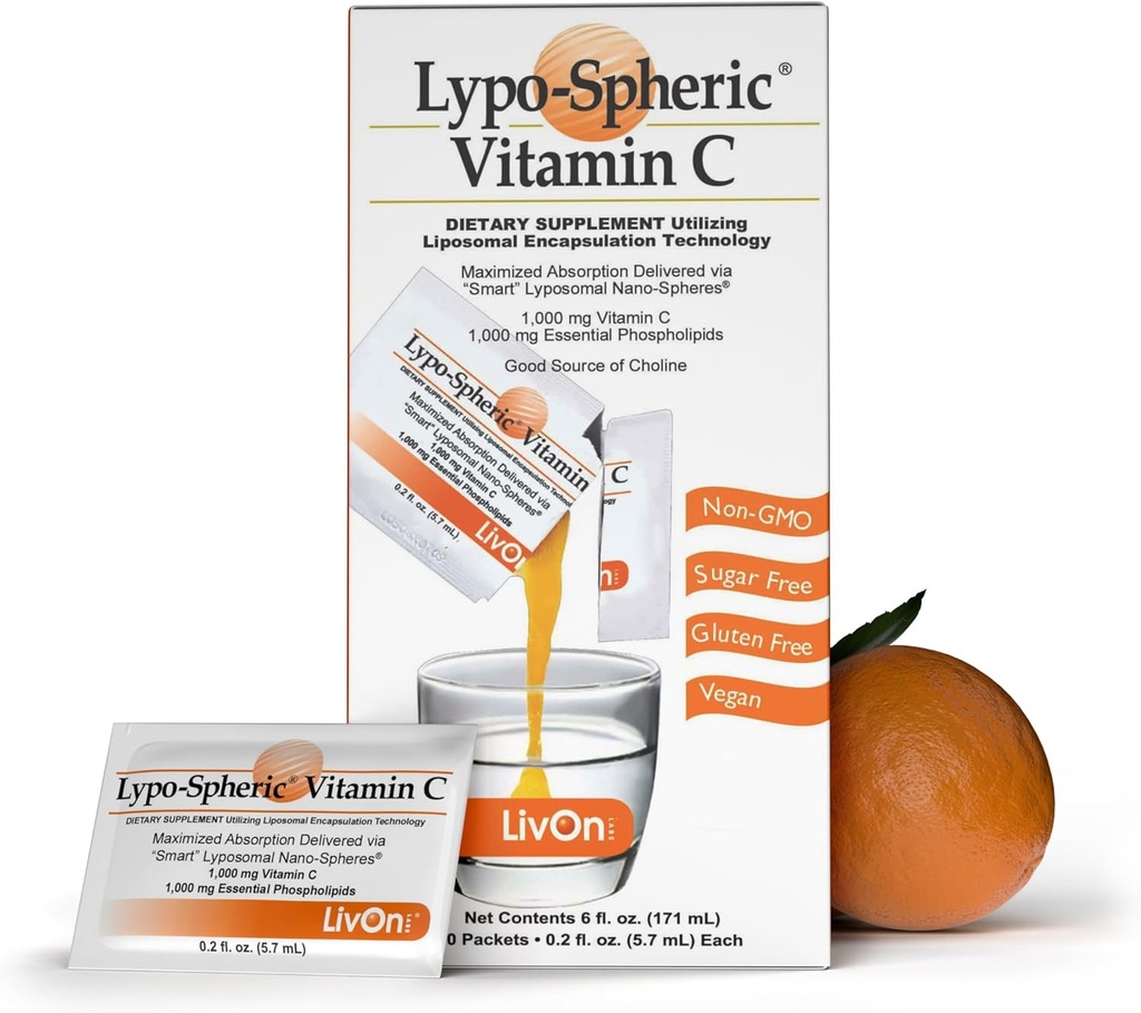 LivOn Laboratories Lypo–Spheric Liposomal Vitamin C 1000mg - Χωρίς Ζάχαρη, Ανοσολογική Υποστήριξη, με βάση το φυτό - Εύκολο στην κατάποση, Απορροφήσιμο - μη-GMO, Χωρίς γλουτένη (0,2 fl oz Ατομικά 30 πακέτα)