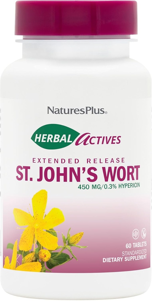 NaturesPlus Herbal Actives St. John's Wort Genişletilmiş Yayın - 60 Tablet, 2 Paket - Sağlıklı Bir Mood & Pozitif Bakış - Vegetarian, Gluten Free - 120 Toplam Hizmetler