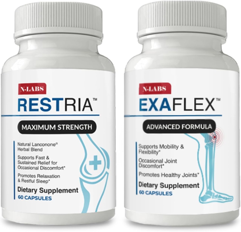 N-Labs Joint Support & Sleep Aid Combo – ExaFlex με εκχύλισμα Boswellia και Bromelain για κοινή υποστήριξη + Restria με Lanconone Herbal Blend και φόρμουλα ύπνου για νυχτερινή χαλάρωση