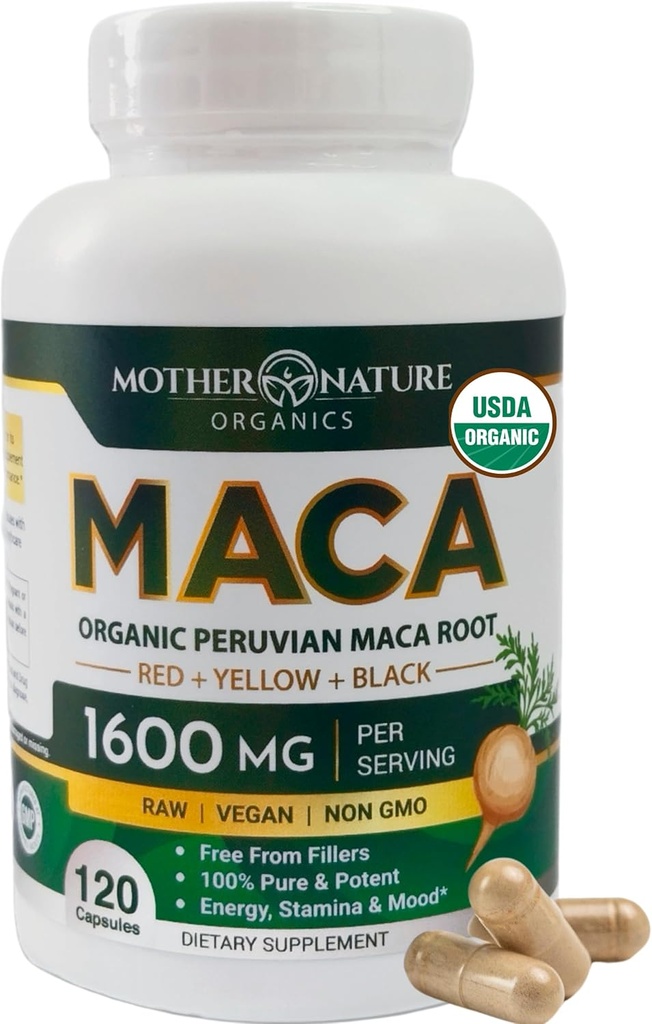 Mother Nature Organic Maca Root Capsules – 1600 mg, 120 Vegan Capsules – Non GMO Peruvian Sarı, Red & Black Maca for Men & Women - Energy, Hormon, Brain & Kilo Well-Being