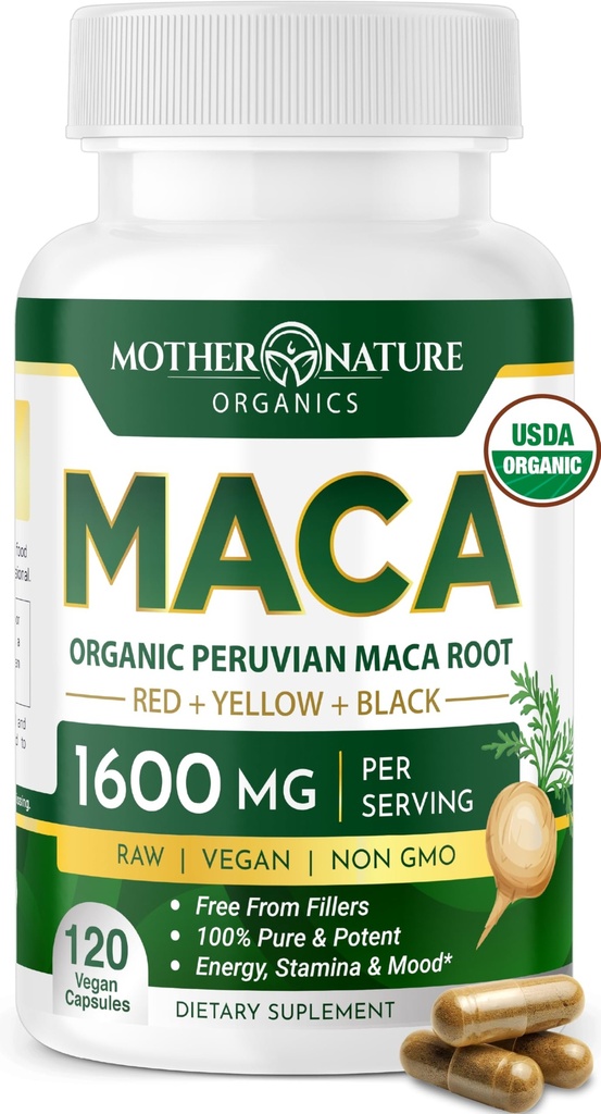 Mother Nature Organic Maca Root Capsules – 1600 mg, 120 Vegan Capsules – Non GMO Peruvian Sarı, Red & Black Maca for Men & Women - Energy, Hormon, Brain & Kilo Well-Being