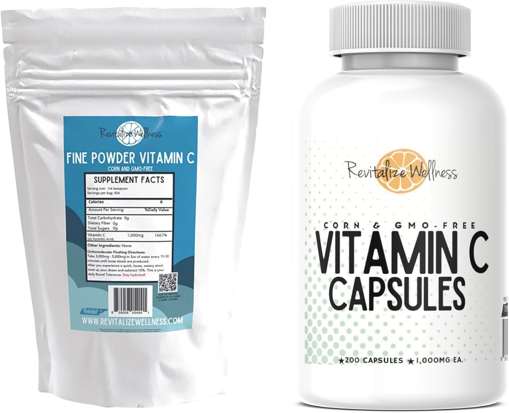 Bundle | Fine Powder Vitamin C, 454 Servings, and Vitamin C Capsules, 200 Capsules