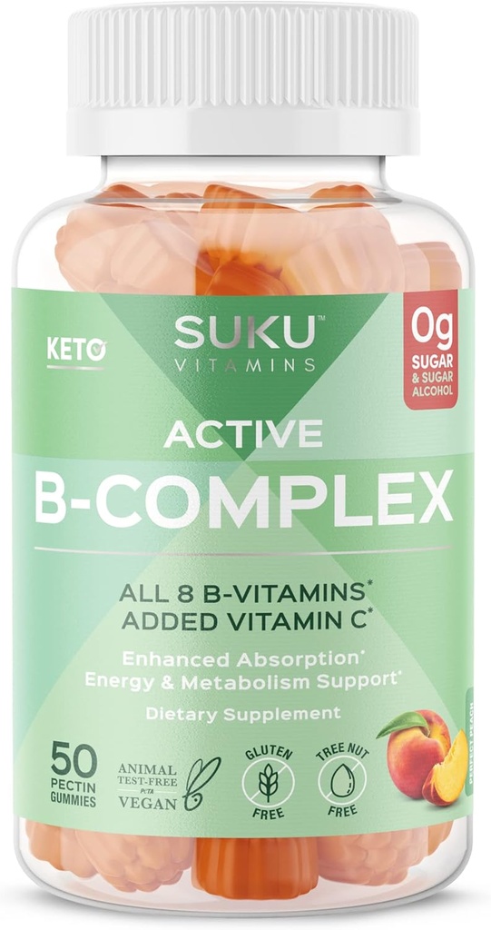 SUKU Vitamin C vitamini Kompleks Gummies with Vitamin C - Sugar Free Vegan 8 B Vitamini Kompleks Gummy Supplements Hücre Geliştirme, Metabolism & Collagen Formation, Peach Flavour (50 Gummies)