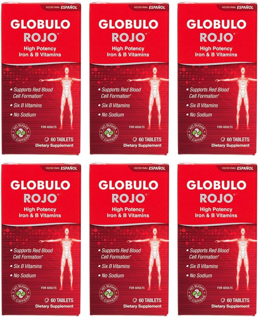 Globulo Rojo Iron Supplement - Yüksek Potency Iron & B Vitaminleri ile Diyet Supplement Pills, 60 Tablet - 6 Pack