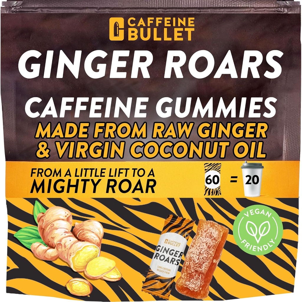 Ginger Roars - 60 Ενεργειακά Gummies - Vegan Caffeine Chews Κάθε 33mg, Made with a Tasty, Natural Fiery Kick for βελτιωμένο τρέξιμο, Ποδηλασία, Προεργασία & Εστίαση.
