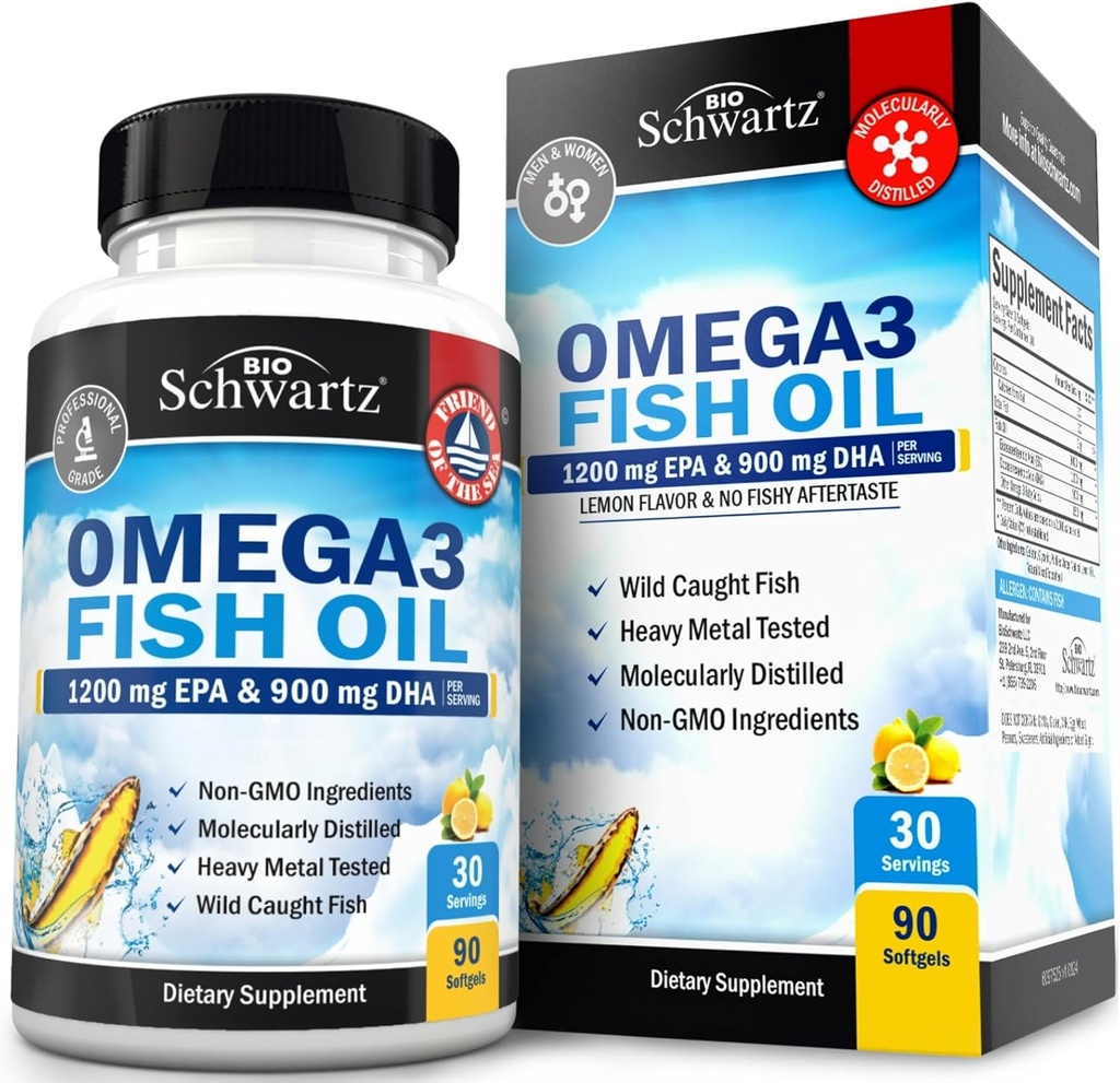 Triple Strength Omega 3 Fish Oil Supplement - 2250 mg EPA DHA Omega 3 Fatty Acids from Fresh Wild Caught Fish, Burpless Lemon Flavor Formula Supports Eye Health and More, Gluten Free, 90 Softgels