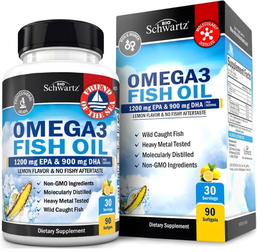 Triple Strength Omega 3 Fish Oil Supplement - 2250mg EPA DHA 3 Λιπαρά Οξέα από Φρέσκα Άγρια Παγωμένα Ψάρια, Furpless Lemon Flavor Formula Υποστηρίζει την υγεία των ματιών και πολλά άλλα, Χωρίς γλουτένη, 90 Softgels
