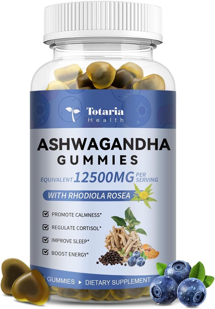Totaria Sugar Free Ashwagandha Filled Gummies w/Vitamin D3, Μαγνήσιο Γλυκινικό, Rhodiola, Ultra Strength Ashwa Root Supplements for Women & Wen, for Relaxation, Energy, Cortisol Gummies