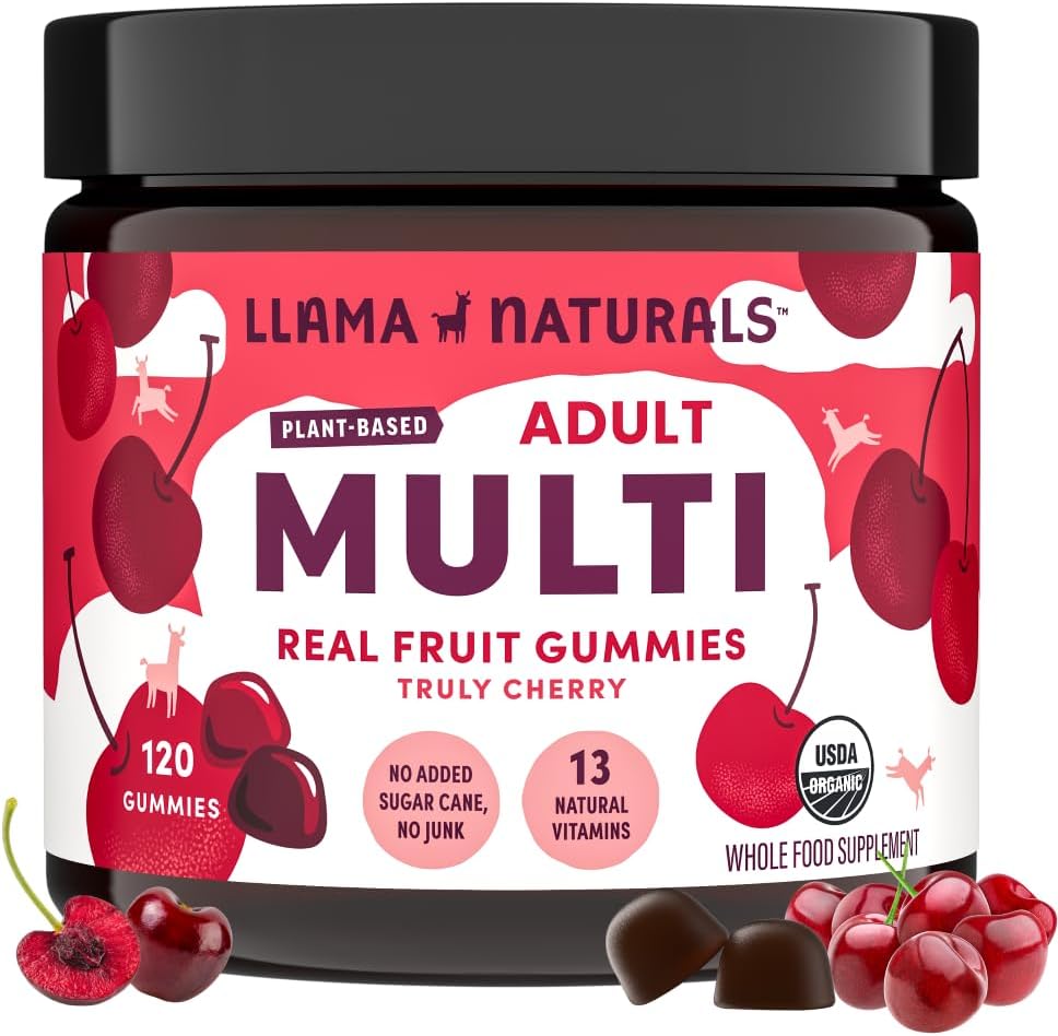 Llama Naturals Multivitamin for Women and Men, Vegan, Organik Gummies with Vitamin D, C ve K, Yetişkinler Real Fruit Gummy Vitamins, Chewable Multivitamin Supplement, No added Sugar Cane, Cherry, 120 Ct