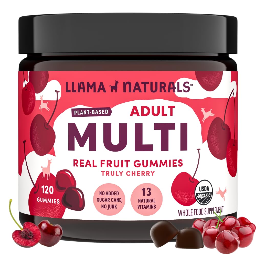 Llama Naturals Multivitamin for Women and Men, Vegan, Organik Gummies with Vitamin D, C ve K, Yetişkinler Real Fruit Gummy Vitamins, Chewable Multivitamin Supplement, No added Sugar Cane, Cherry, 120 Ct